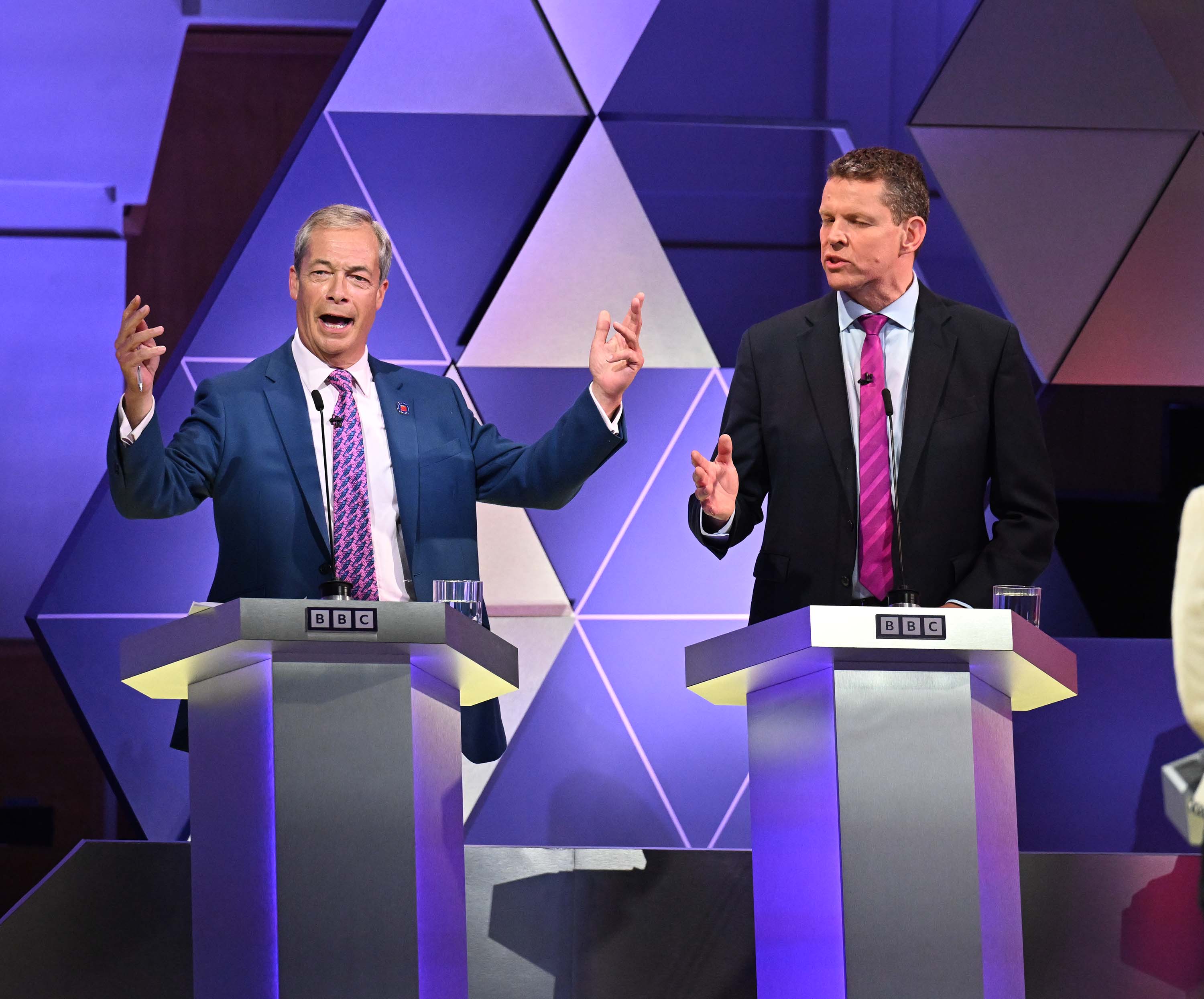 Nigel Farage and Plaid Cymru leader Rhun ap Iorwerth taking part in the live TV debate