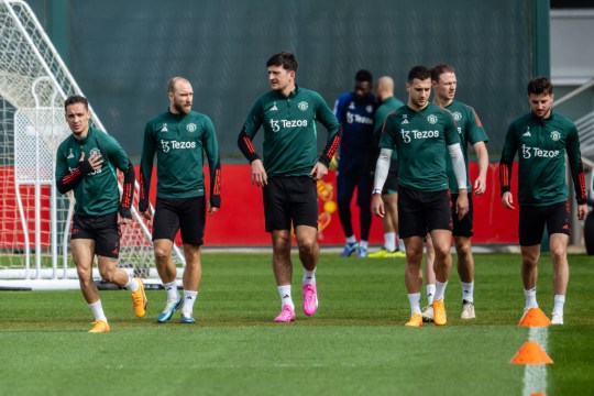 Antony, Christian Eriksen, Harry Maguire, Diogo Dalot, Jonny Evans and Mason Mount of Manchester United in action during a first team training session at Carrington Training Ground on May 02, 2024 in Manchester, England