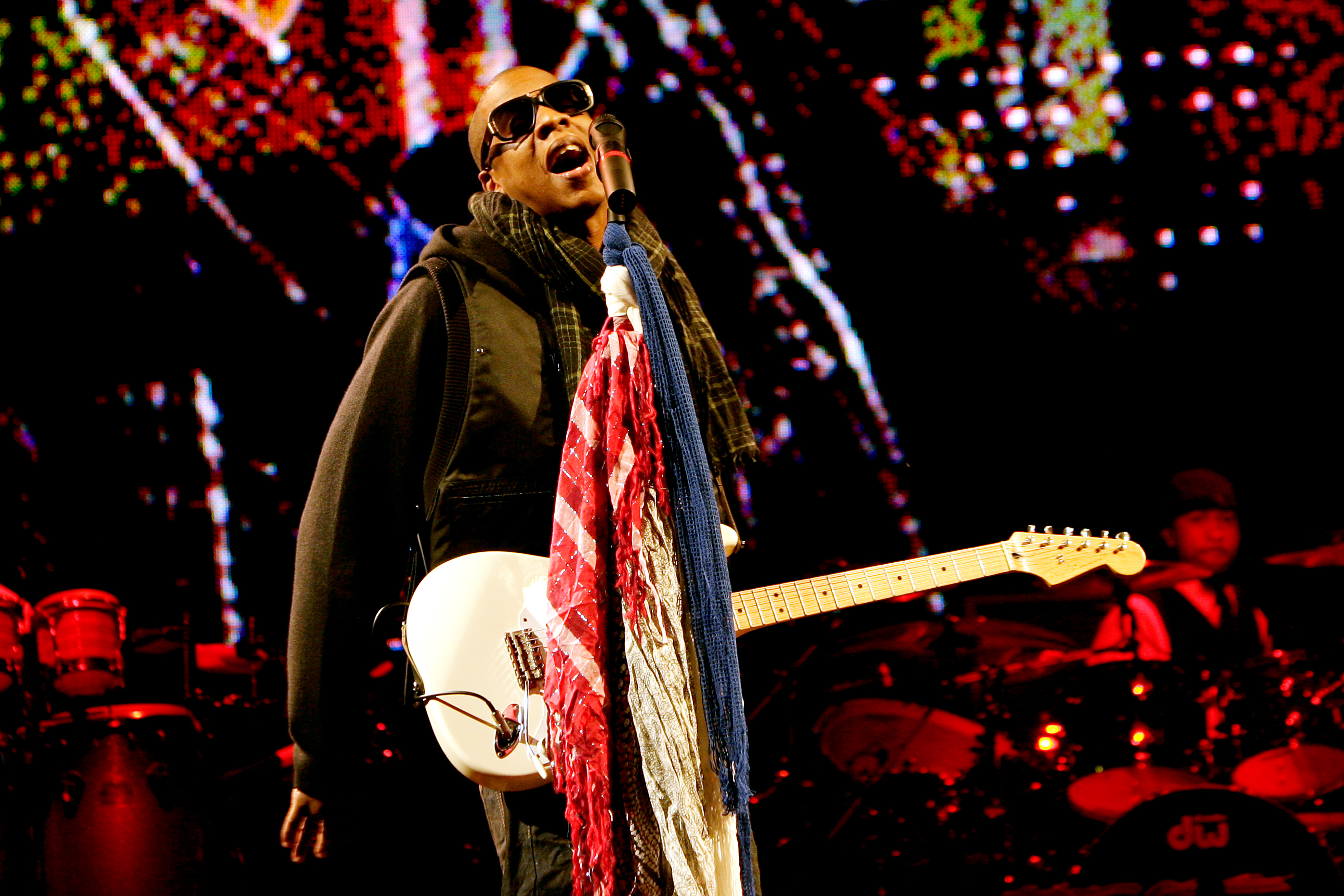 Jay-Z performs on the Pyramid Stage after being slammed by Noel Gallagher