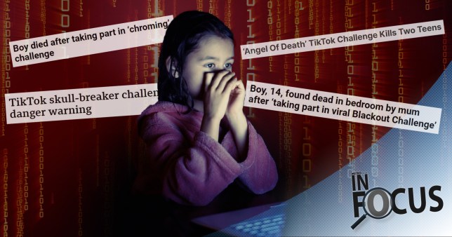 Child scared in front of computer screen with headlines behind her.
