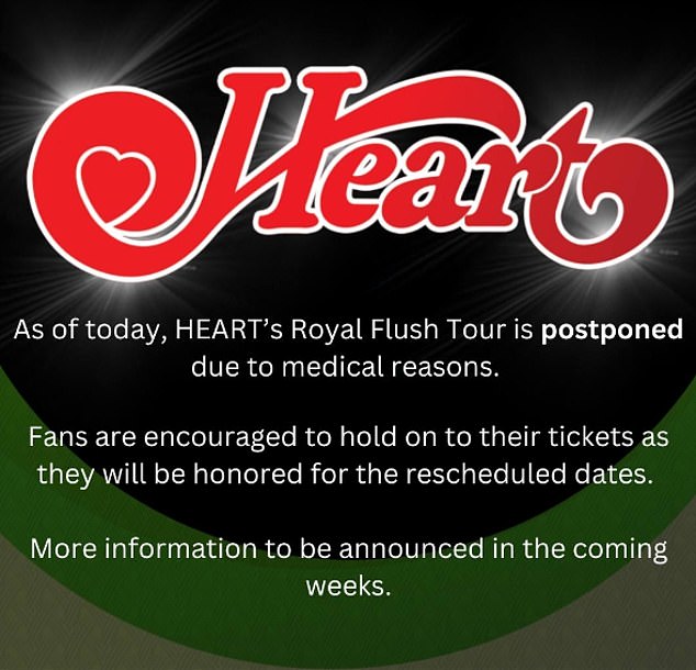Heart's official Instagram page announced the tour postponement
