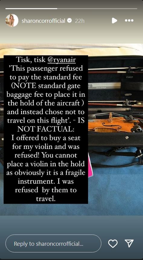 Sharon Corr complains about Ryanair refusing to let her board a flight due to her violin