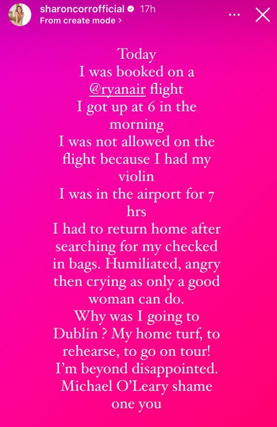 Sharon Corr complains about Ryanair refusing to let her board a flight due to her violin