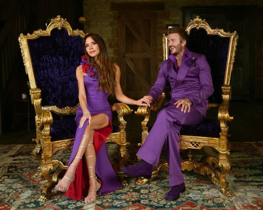 David Beckham and Victoria Beckham in 2024 wearing their 1999 purple wedding outfits while sat on thrones