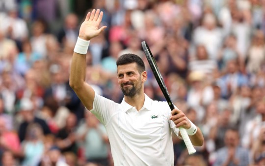  Novak Djokovic of Serbia celebrates winning match point against Vit Kopriva at Wimbledon 2024