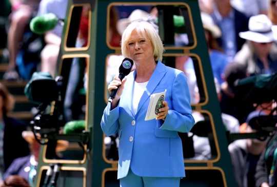 Sue Barker on centre court during day seven of the 2022 Wimbledon Championships 