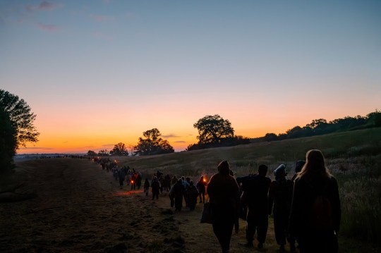 A trail of people walking through field with flame torches towards the orange and yellow horizon making silhouettes of the trees.