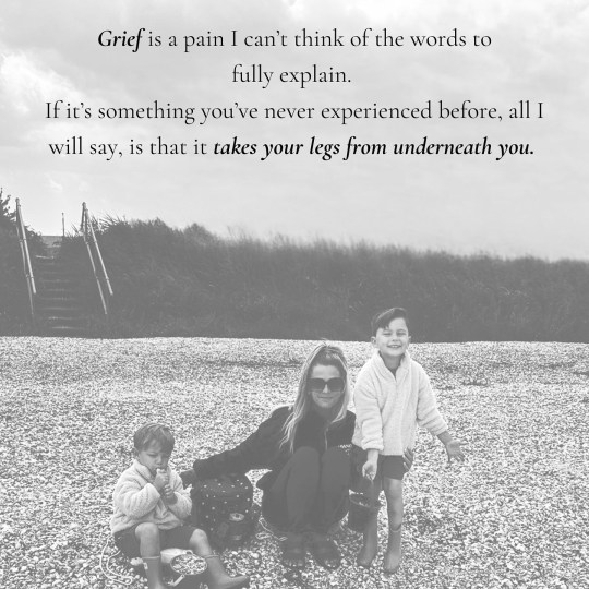 Sophie Hinchliffe sits with her two young sons on the beach in a black and white photo with writing overlaying the picture