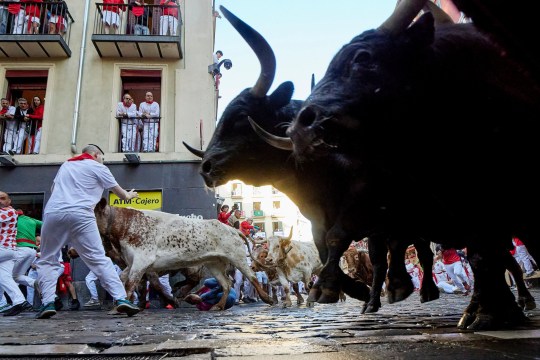 People take part in the traditional 'encierro' (bull-run) of the San Fermin Festival in Pamplona, Spain.