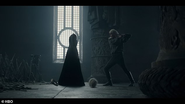 He cuts the vision's head off as the crown clangs to the ground as the beheaded Rhaenyra says, 'There has been a raven.'