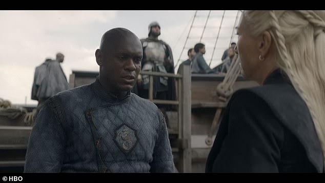 The episode cuts back to a harbor where Rhaenys (Eve Best) meets with Alyn (Abubakar Salim), the man who saved her husband Corlys Velaryon (Steve Toussaint).