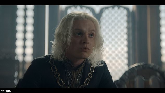 The episode cuts back to the Red Keep, where King Aegon (Tom Glynn-Carney) tells Larys Strong (Matthew Needham), 'F**k you. I told you we should've sent our dragons. And now look what's happened. Daemon, of all people, has taken Harrenhal. I give you a job, and now you just sit there. It's your f**king castle!'