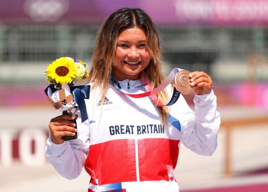 Sky Brown of Great Britain poses with her Bronze medal after the Women's Skateboarding Park Finals on day twelve of the Tokyo 2020 Olympic Games