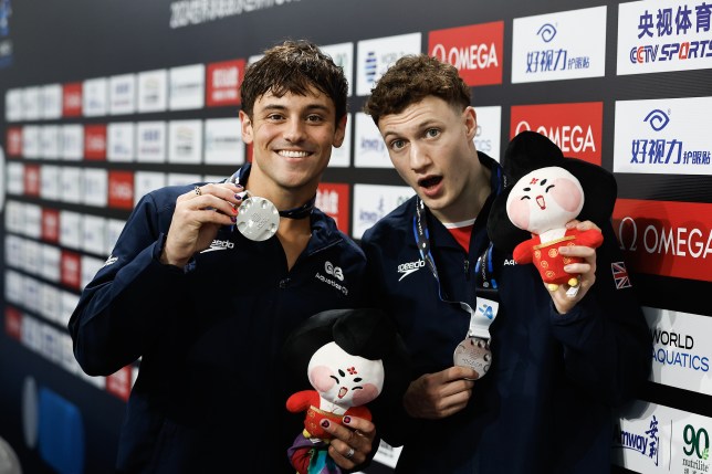 Tom Daley and Noah Williams of Great Britain pose with their silver medals at the World Aquatics Diving World Cup 2024