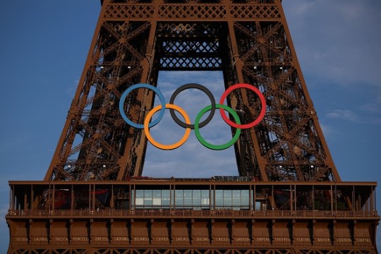 An generic image of the four Olympic rings on the Eiffel Tower