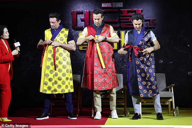 Jackman, 55, wore a yellow hanbok while Reynolds, 47, donned a red version of the garment over his everyday outfit. The film's producer and writer Levy, 55, also swapped his usual outfit for the formal wear, which is usually worn during festivals and celebrations