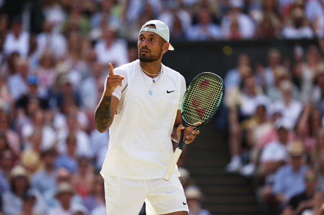 Nick Kyrgios pictured in action against Novak Djokovic in the 2022 Wimbledon final