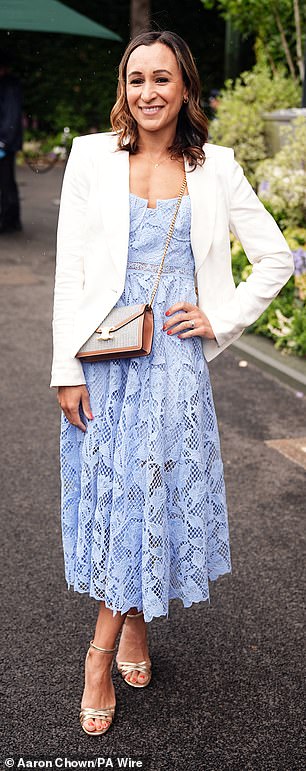 Jessica Ennis-Hill who cut an elegant figure in a pale blue lace midi dress and cream blazer jacket