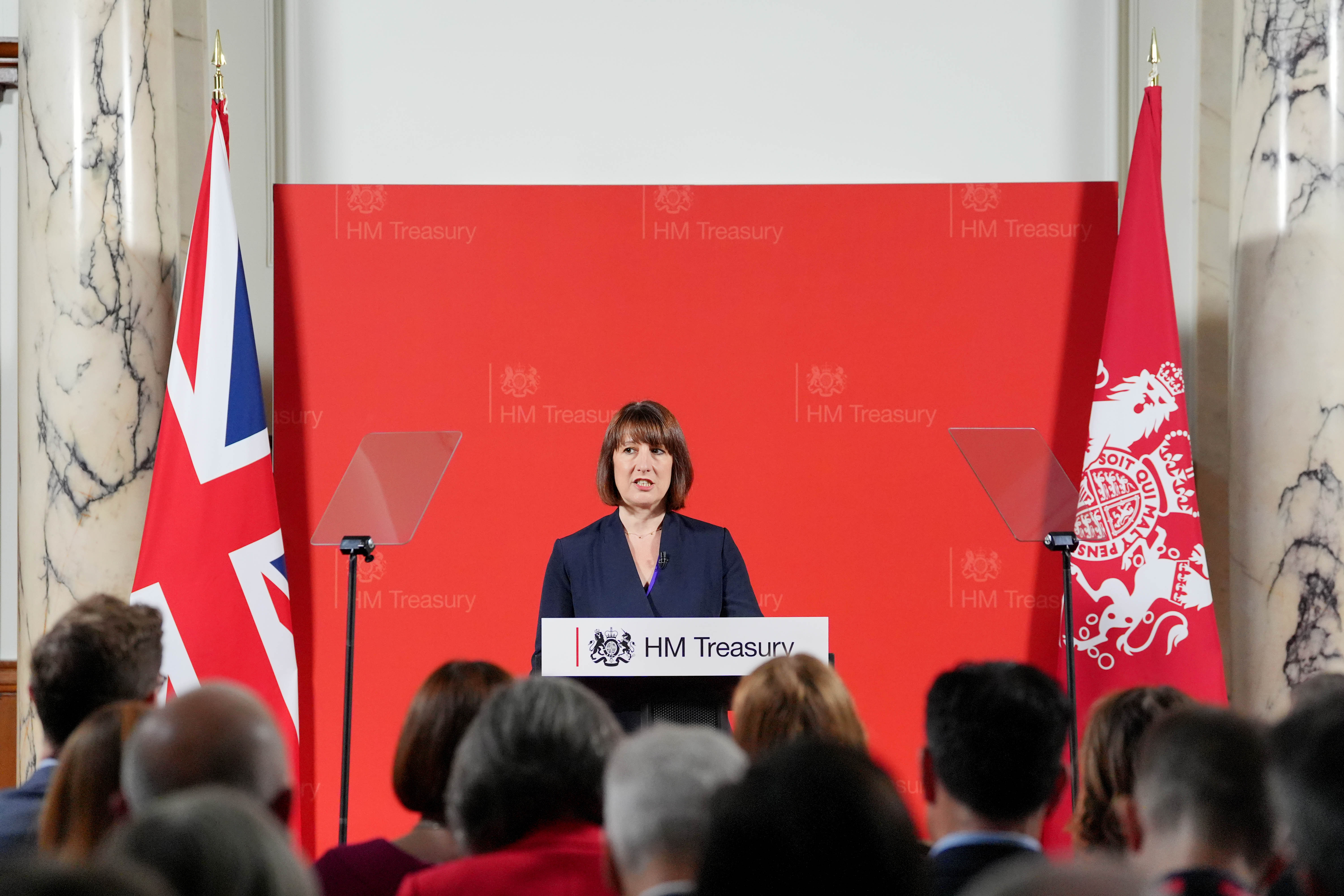 Chancellor Rachel Reeves giving a speech at the Treasury in London to an audience of leading business figures