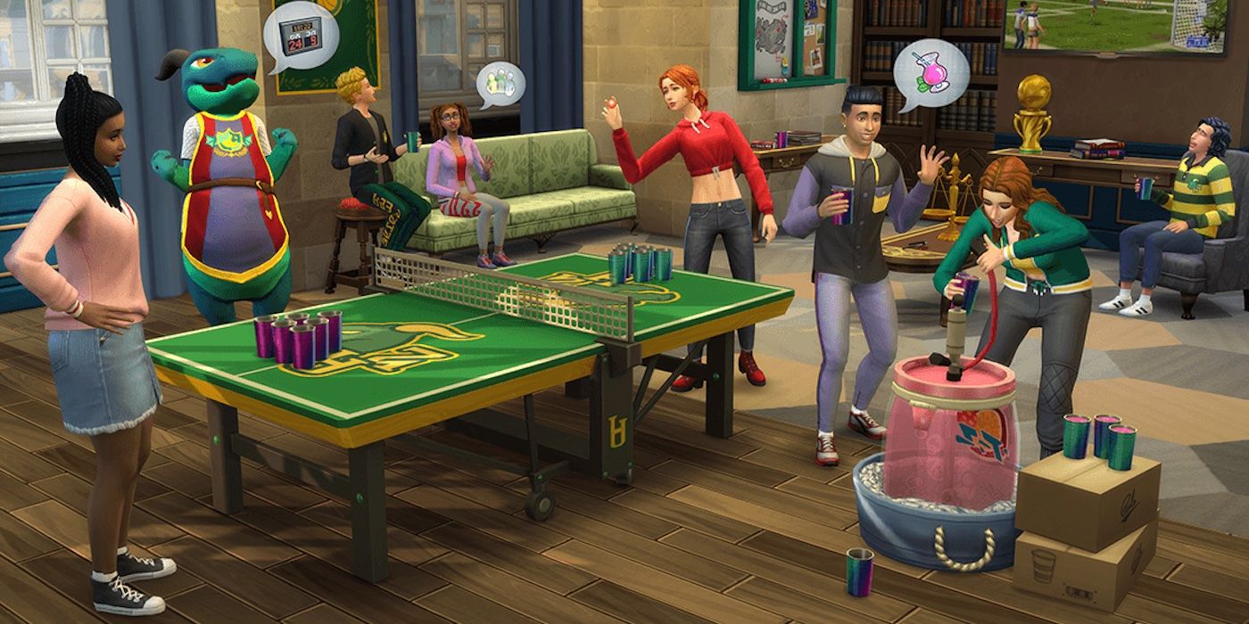 Sims hanging out in a communal room in The Sims 4