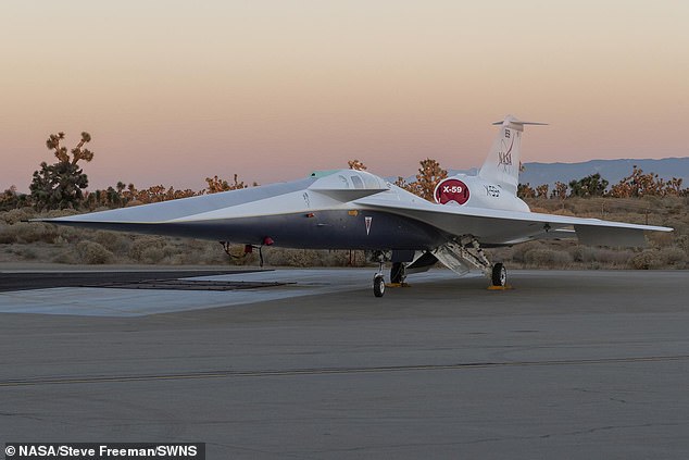 Above, NASA's experimentaal x-59 supersonic jet tested out of Lockheed Martin's Skunkworks, a classified facility run by the Pentagon contractor near Palmdale, California