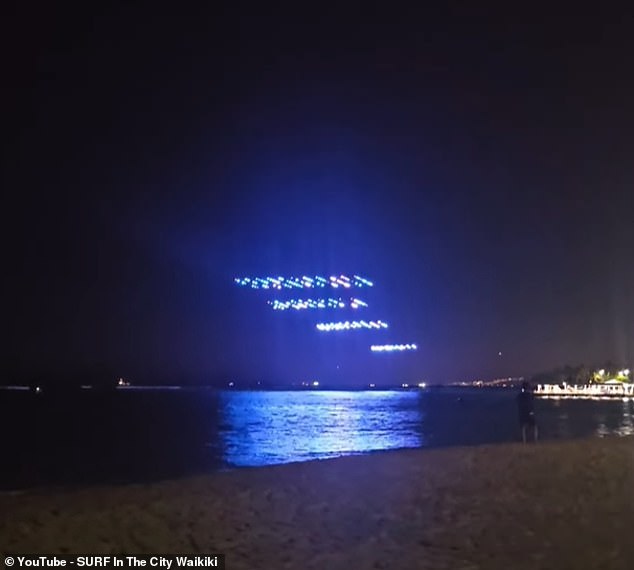 Above, another image of the 2024 Pokémon World Championships drone light show in Honolulu, Hawaii - captured by a local surf shop