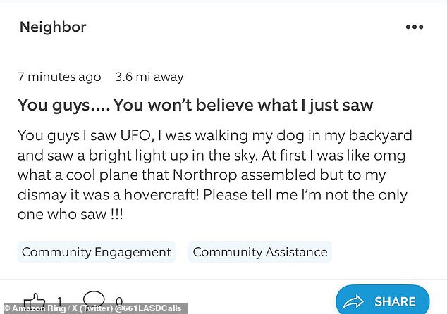 Above, one of three user-generated posts to the Amazon Ring neighbors app about the UFOs