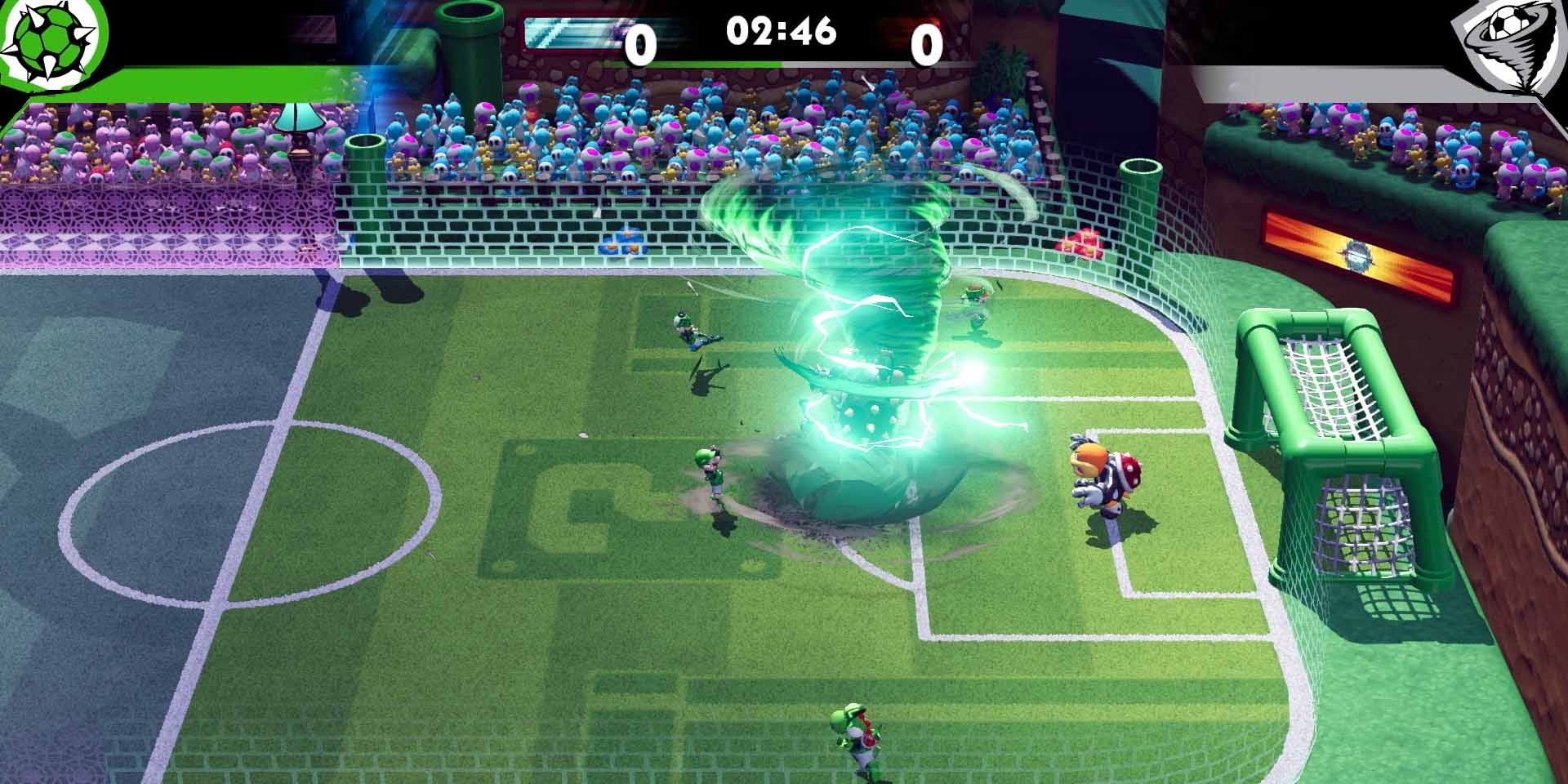 Luigi kicks the ball so hard that it generates a green whirlwind heading to the goal in Super Mario Strikers