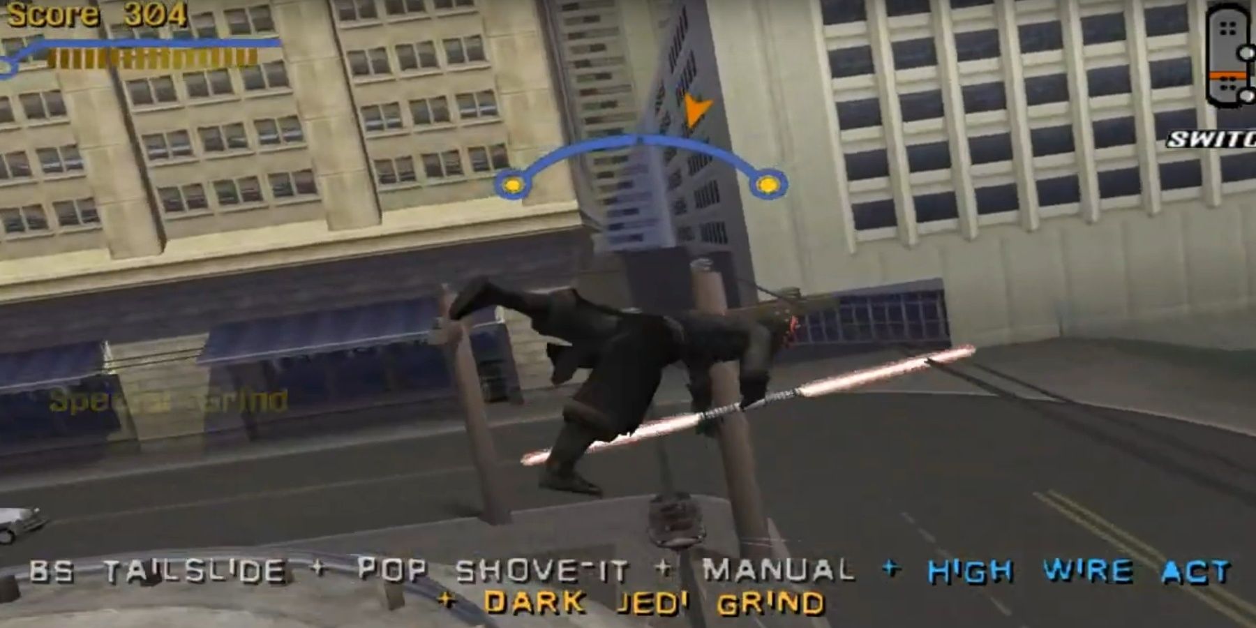 Darth Maul mid kick over his skateboard while it grinds on a power line in Tony Hawk's Pro Skater 3