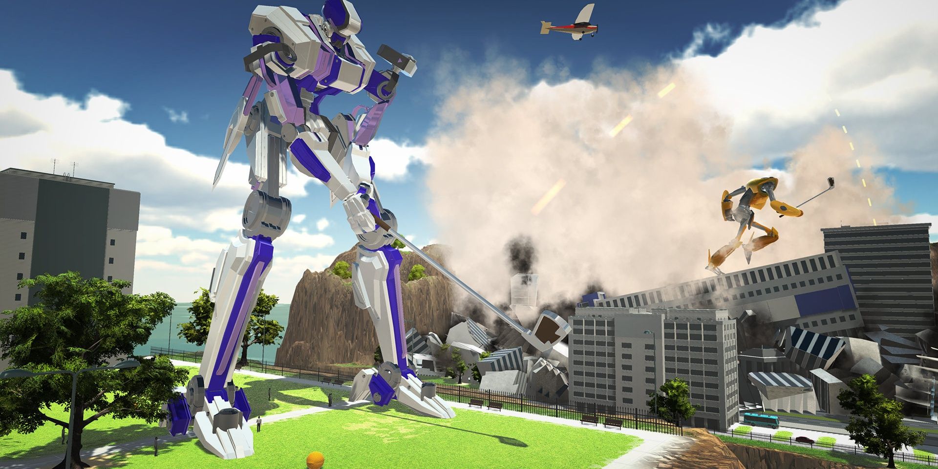 100ft Robot Golf Mecha Lines Up a Shot on a Golf Ball While Buildings Are Destroyed In The Background