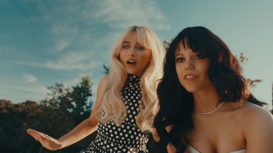 Sabrina Carpenter and Jenna Ortega in a still from the Taste music video