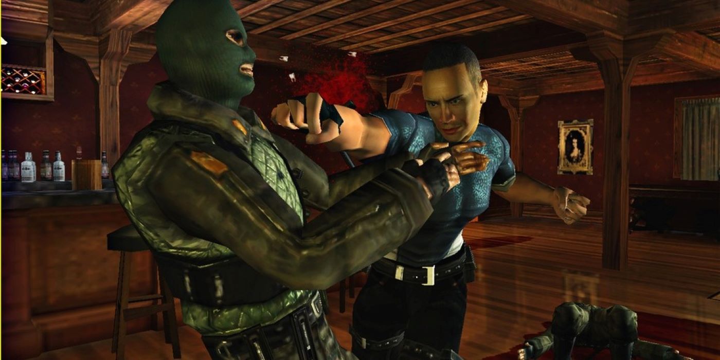 A woman throwing a punch at a soldier in the game Spyhunter Nowhere to Run