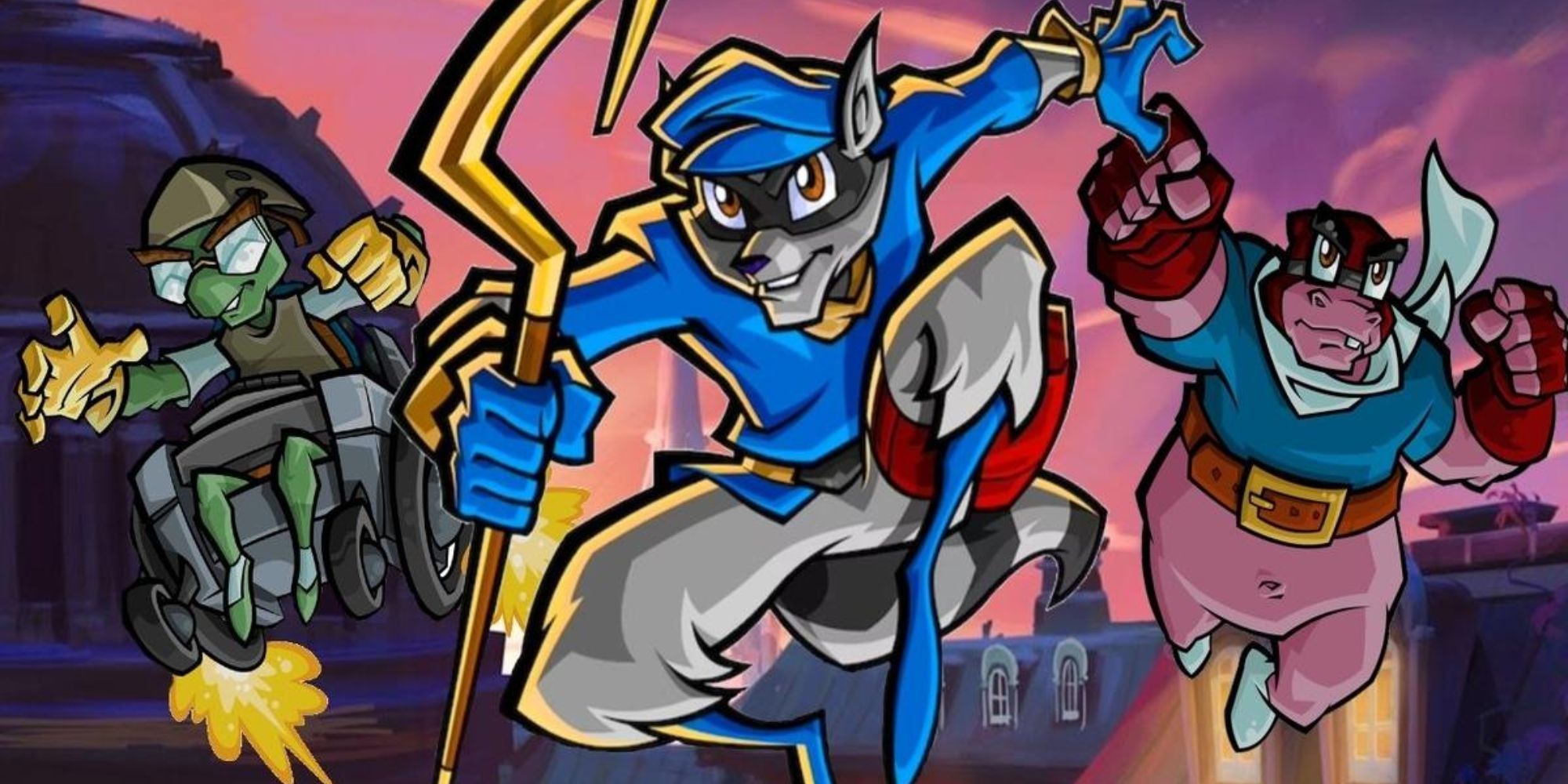 Three anthropomorphic animals jumping forward in Sly Cooper