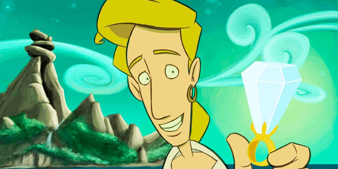 A young man smiling and holding a ring in The Curse of Monkey Island