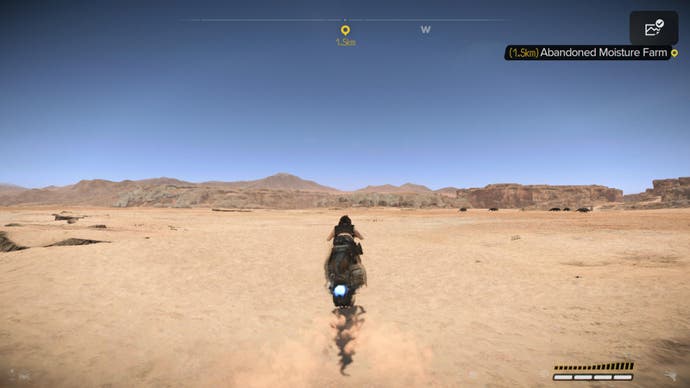 Star Wars Outlaws screenshot showing Kay on speeder tearing across the open, empty desert of Tatooine.