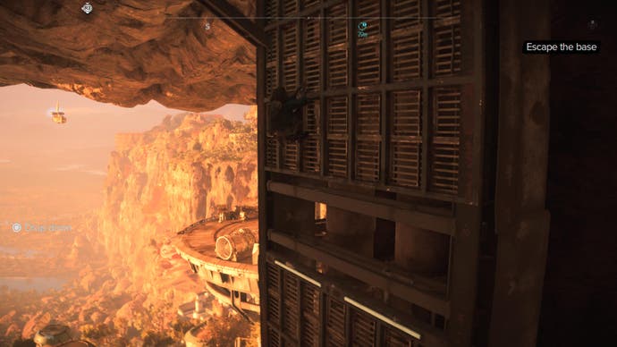 Star Wars Outlaws screenshot showing Kay climbing along some grates.