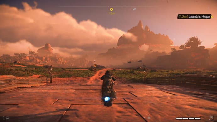 Star Wars Outlaws screenshot showing Kay on a speeder on Tosharra.