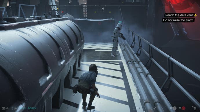 Star Wars Outlaws screenshot showing Kay sneaking up next to a Stormtrooper.