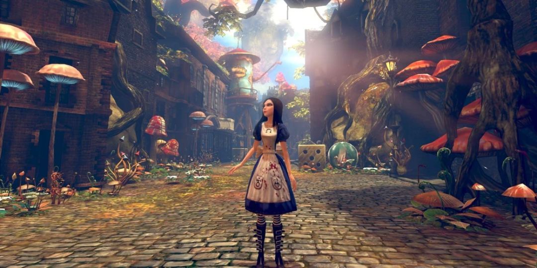 Alice stands in front of a street covered in mushrooms and toys.