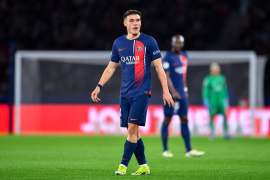 PARIS, FRANCE - FEBRUARY 10: Manuel Ugarte of PSG looks on during the Ligue 1 Uber Eats match between Paris Saint-Germain and Lille OSC at Parc des Princes on February 10, 2024 in Paris, France. (Photo by Franco Arland/Getty Images)