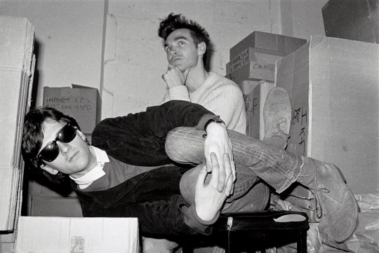 LONDON - 1st JANUARY: Johnny Marr (left) and Morrissey of the group The Smiths pose together in the store room of Rough Trade records in London in 1983. (Photo by Clare Muller/Redferns)