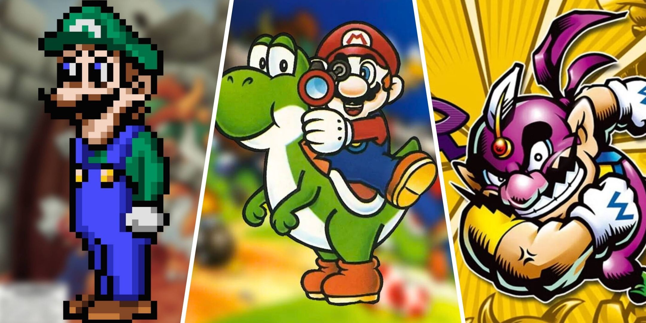 Split image of Luigi from Mario is Missing on PC Mario riding Yoshi and holding a Super Scope from Yoshi's Safari and Wario in costume from Wario Master of Disguise