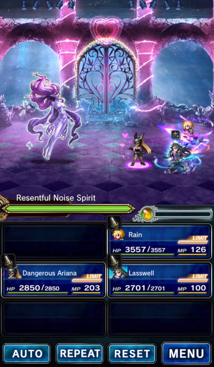 Final Fantasy Brave Exvius screenshot showing pixel Ariana Grande in battle with black bunny ears and mask