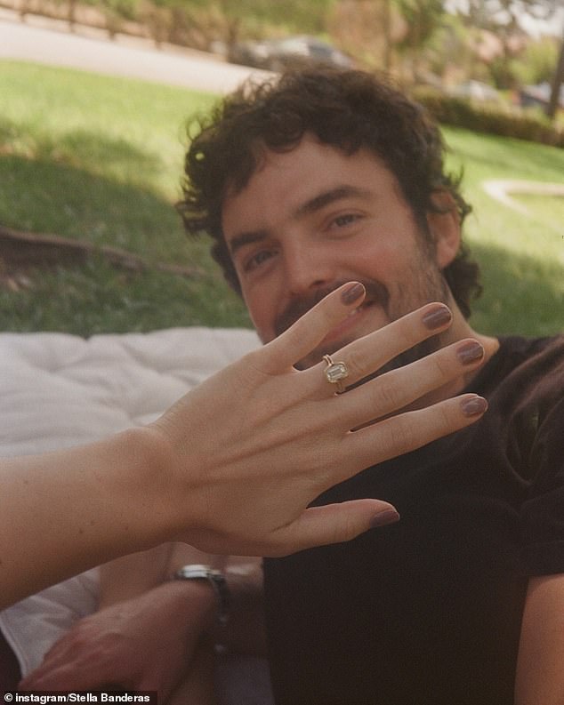 Stella Banderas is engaged to her childhood sweetheart, it was shared on Monday. Stella - whose grandmother is Tippi Hedren from the movie The Birds - also held up her left hand to show off her diamond engagement ring from Alex