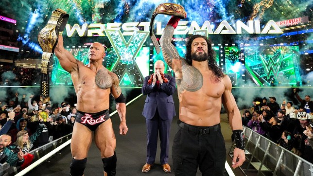 WWE legend Dwayne Johnson, AKA The Rock, with Roman Reigns and Paul Heyman at WrestleMania 40