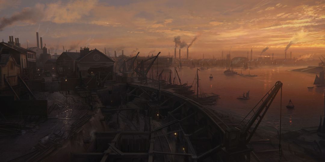 A London docks at sunset.