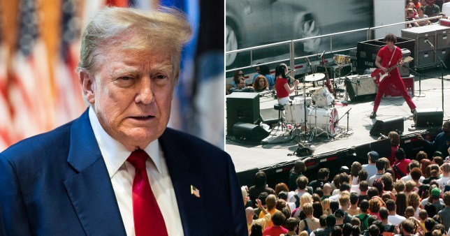 Compilation image of Donald Trump alongside The White Stripes playing on stage