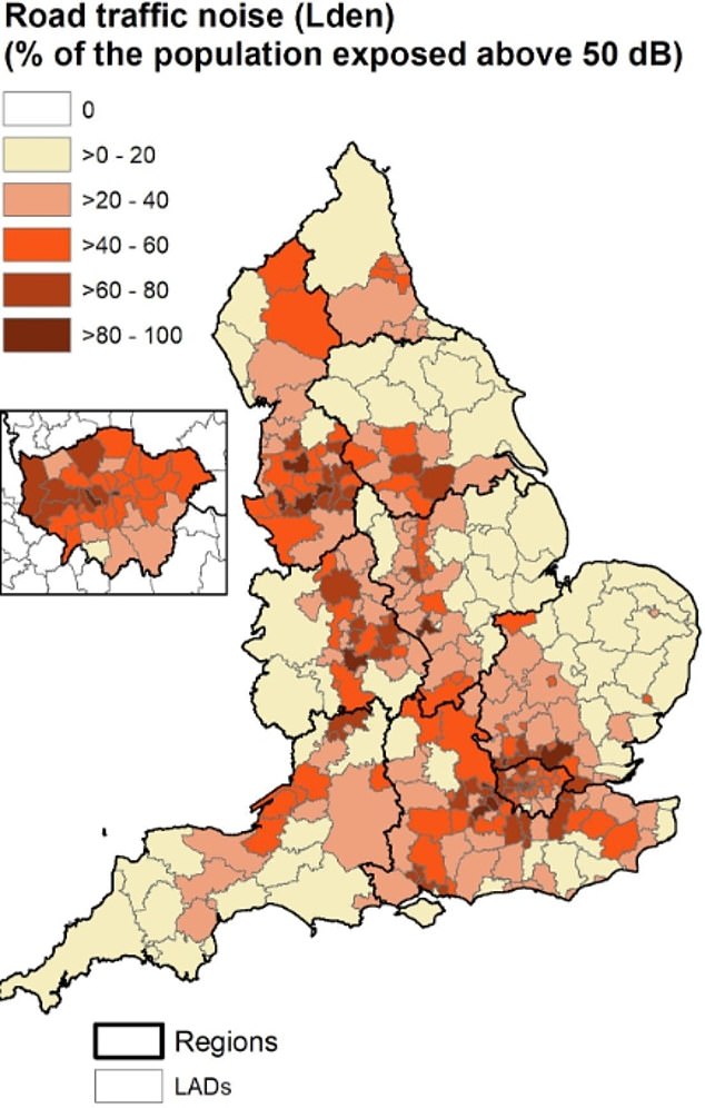 This map, from a Government study, shows the percentage of people in England living with an average road-traffic noise levels exceeding 50 decibels