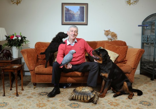 MP Lindsay Hoyle with his array of animals, all named after politicians including Dennis and Patrick the cats, Gordon and Betty the dogs, parrot Boris, and tortoise Maggie. 