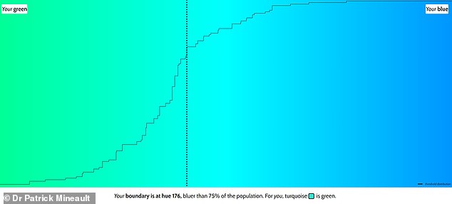 MailOnline's Shivali Best took the test and found that her boundary was 176. 'Your boundary is at hue 176, bluer than 75% of the population. For you, turquoise is green,' the test tells me